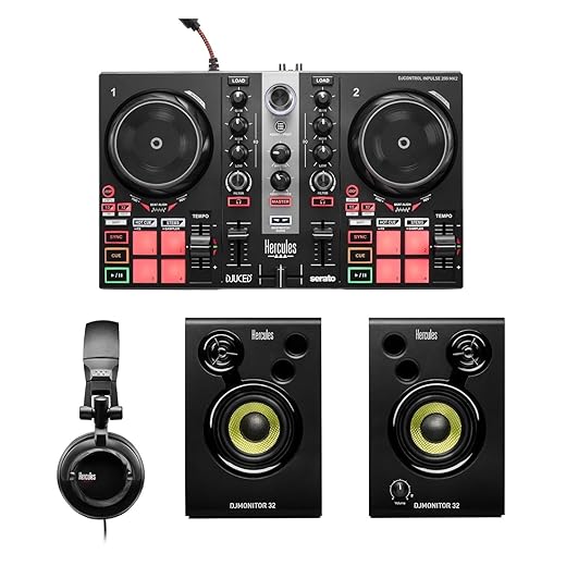 Hercules DJLearning Kit MK II including the DJ Inpulse 200 MK II controller, HD45 headphones and DJ Monitor 32 speakers