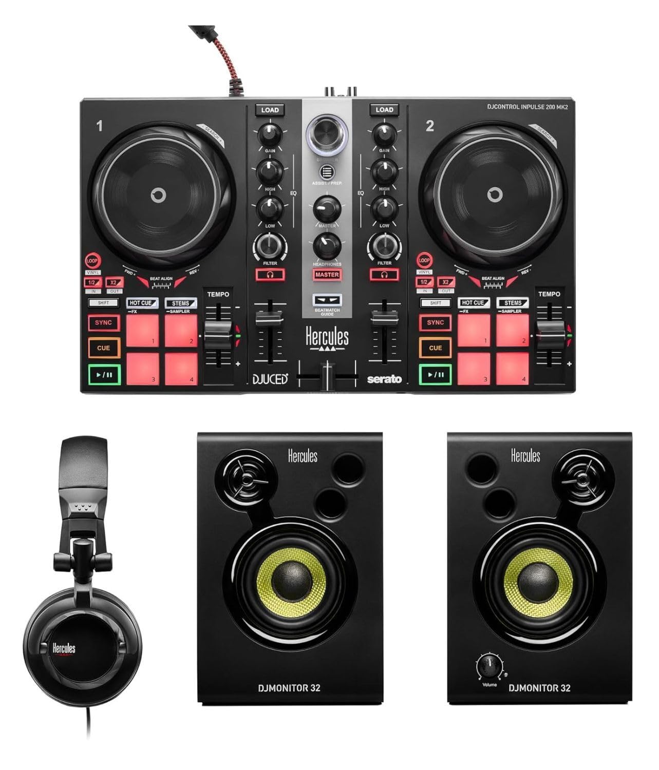 Hercules DJLearning Kit MK II including the DJ Inpulse 200 MK II controller, HD45 headphones and DJ Monitor 32 speakers