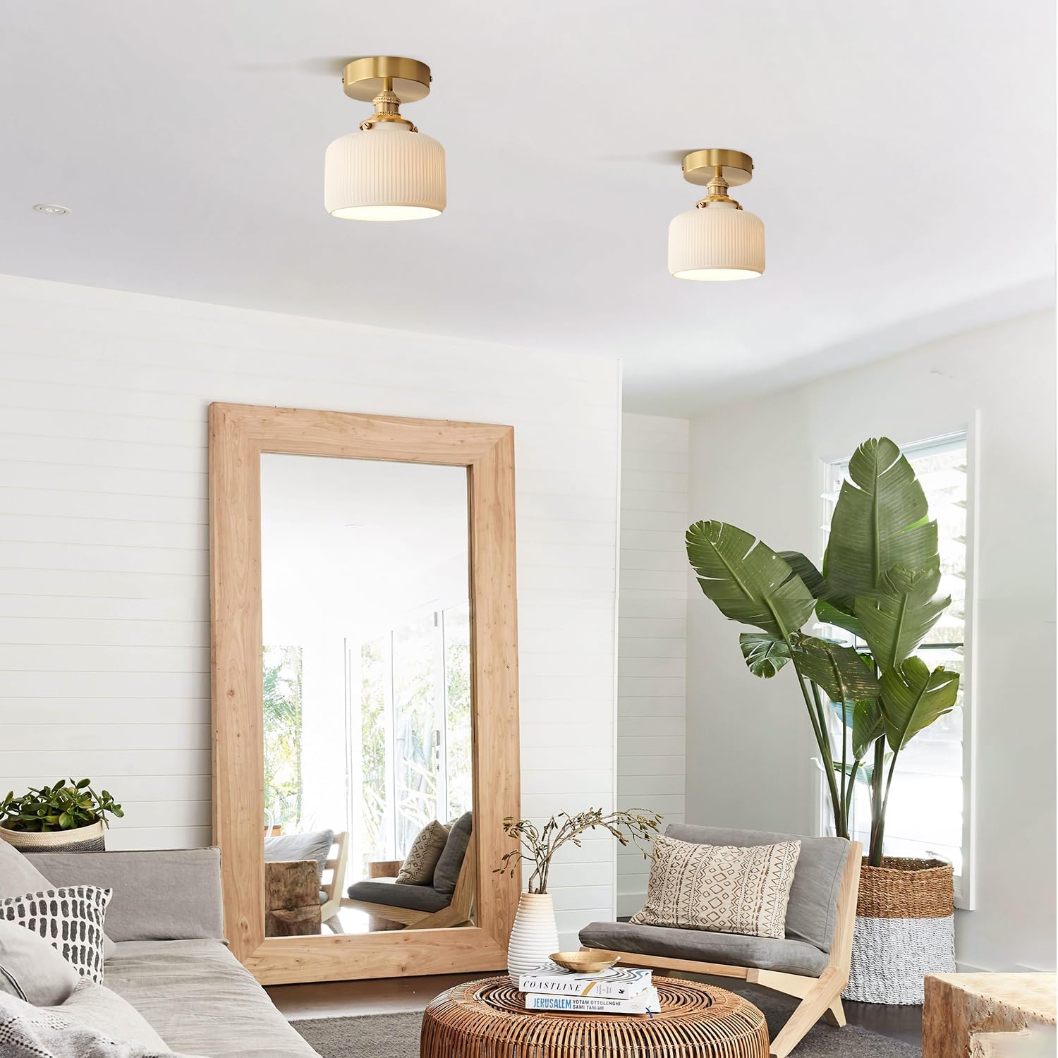 White Ceramic Semi Flush Mount Ceiling Light Vintage Gold Close to Ceiling Light Small Milk Glass Flush Mounted Hallway Light Fixtures for Kitchen Entryway Bathroom Porch Foyer Hall MCL29-D