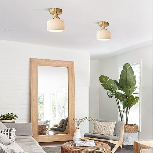 Miniatura 8 de Lámpara de techo semiempotrada de cerámica blanca vintage dorada para cerca del techo, pequeña luz de vidrio de leche montada empotrada para cocina,