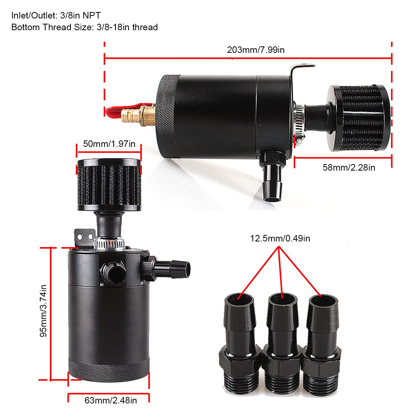 Aluminio Racing Oil Catch Tank Depósito con deflector Accesorio para motor de coche 3/8in Depósito de aceite Catch Can Tank Depósito con deflector de 2 puertos con válvula de drenaje Cilindro universa