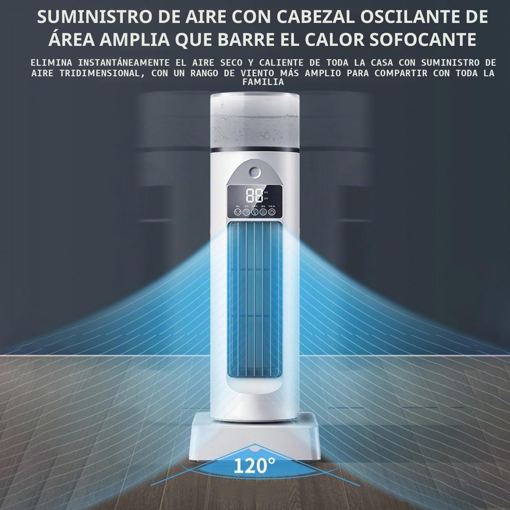 Enfriador de aire silencioso para habitación, refrigeración por niebla fría, 6 velocidades de ventilación, oscilación 120°, temporizador de 6 horas, con mando a distancia y depósito de agua, para