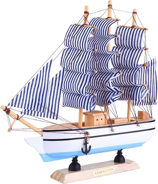 Sailing Yacht Boat Wooden Model Wood Ship Handcrafts 24cm Wooden Sailboat Centerpiece for Home Beach House Ocean Theme Party Nautical Mediterranean Decor Sky- blue