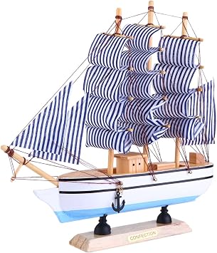 Blue Wooden Sailboat Model Vintage Nautical Ship Figurine for Home Decor