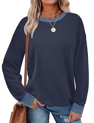 Saloogoe Sweatshirts for Women Crewneck Long Sleeve Loose Fit Tops Color Block Ribbed Trim Fashion 2025