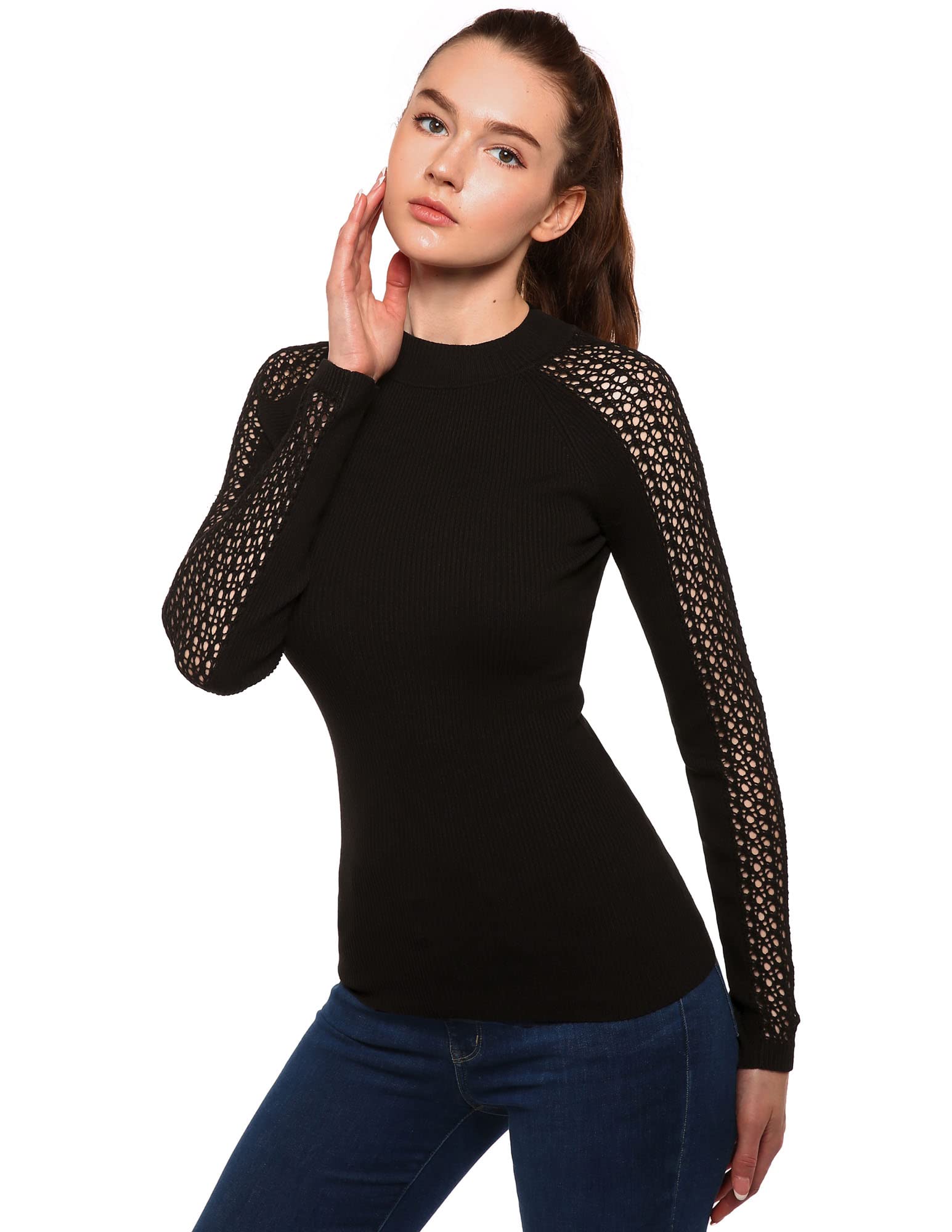 Am lieBoutik Women Crewneck Crochet Eyelet Trim Raglan Long Sleeve Sweater