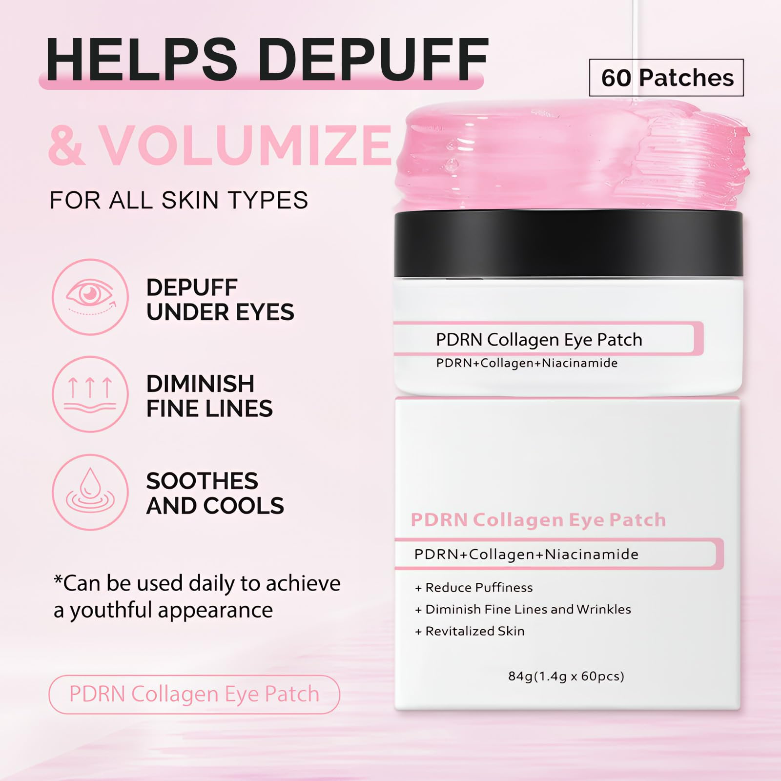 Under Eye Gel Patches, Pink Collagen Eye Patches with Niacinamide - Image 3