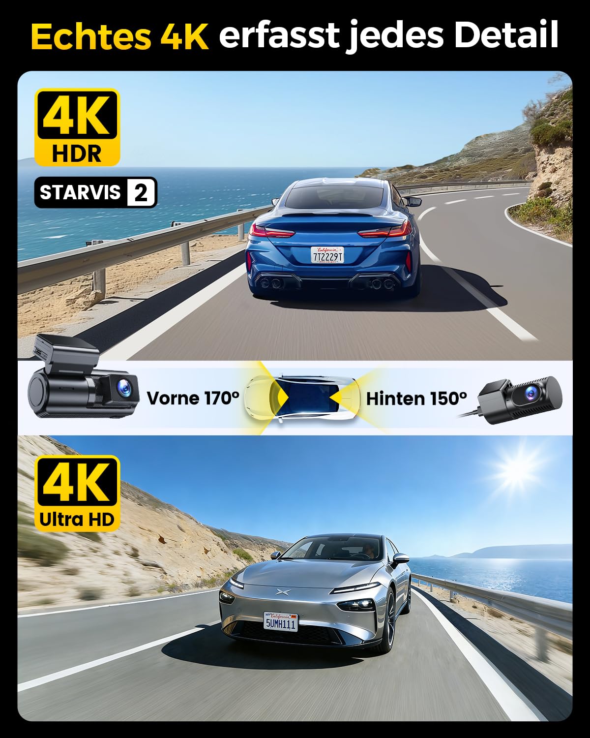 GKU 4K+4K Dashcam Auto Vorne Hinten mit STARVIS 2 Sensor, HDR Nachtsicht