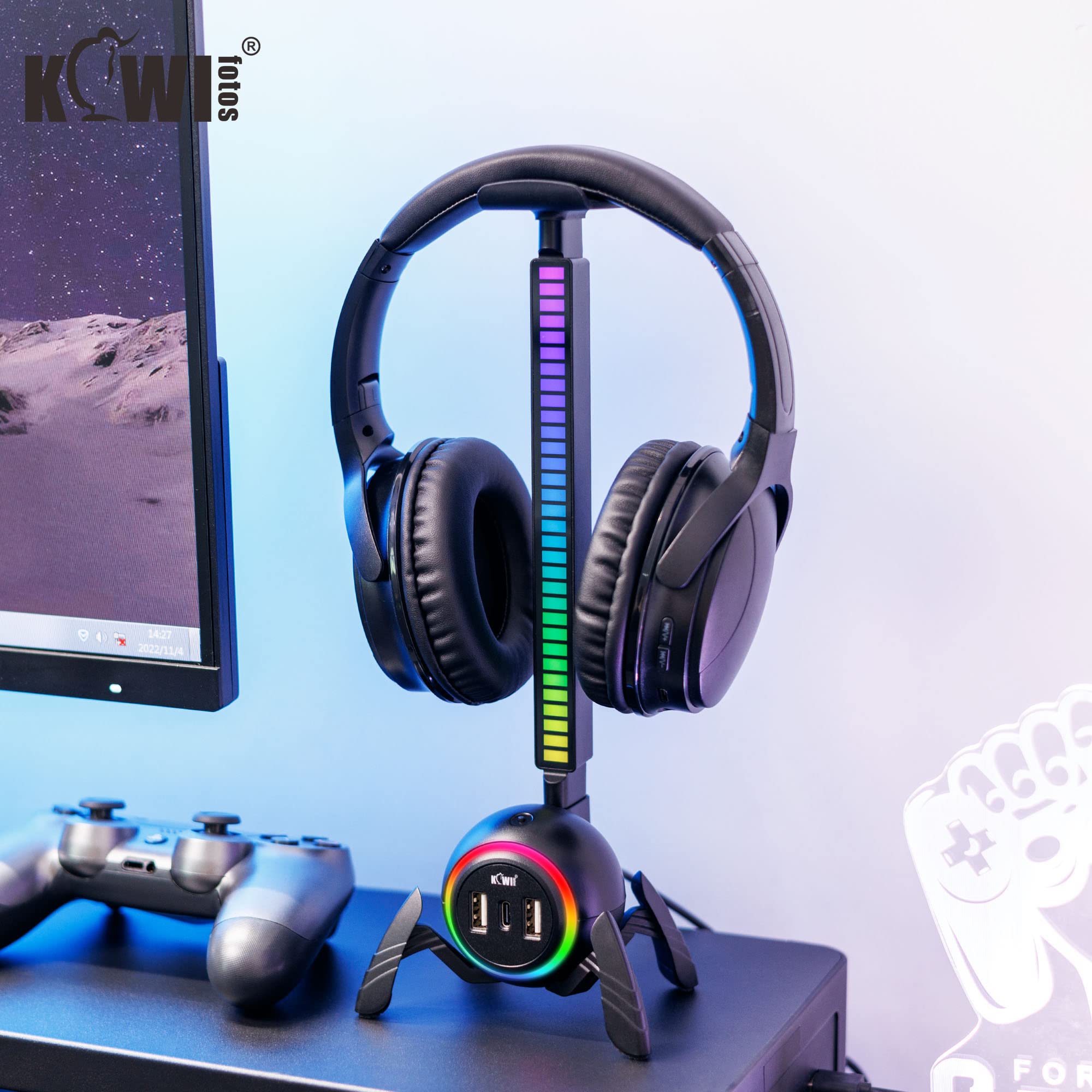 KIWIFOTOS Supporto per cuffie con hub USB, supporto per cuffie RGB con base antiscivolo a forma di ragno, accessori da gioco per PC, adatto per giochi da tavolo e accessori per auricolari