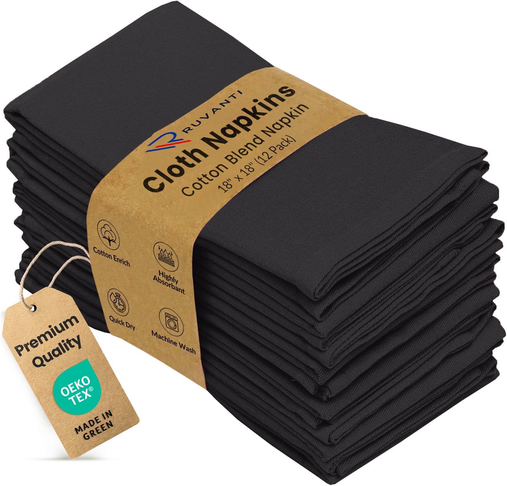Cloth Napkins set of 12, 18x18 Inches Napkins Cloth Washable, Soft, Durable, Absorbent, Cotton Blend. Table Dinner Napkins Cloth for Hotel, Lunch, Restaurant, Weddings, Events, Parties - Black