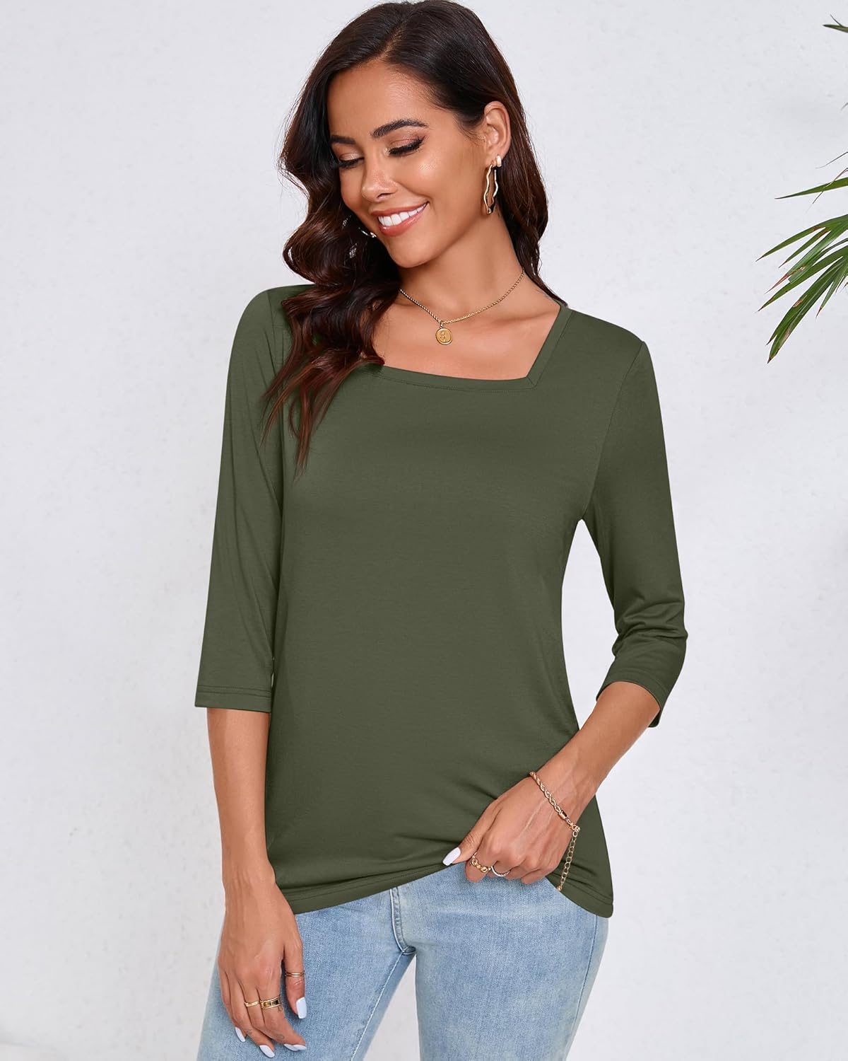 Ficerd 3 Pack 3/4 Sleeve Tops for Women Square Neck Shirts Loose Fit Casual Ladies Blouses Tops Fall Basic Tees - Image 3
