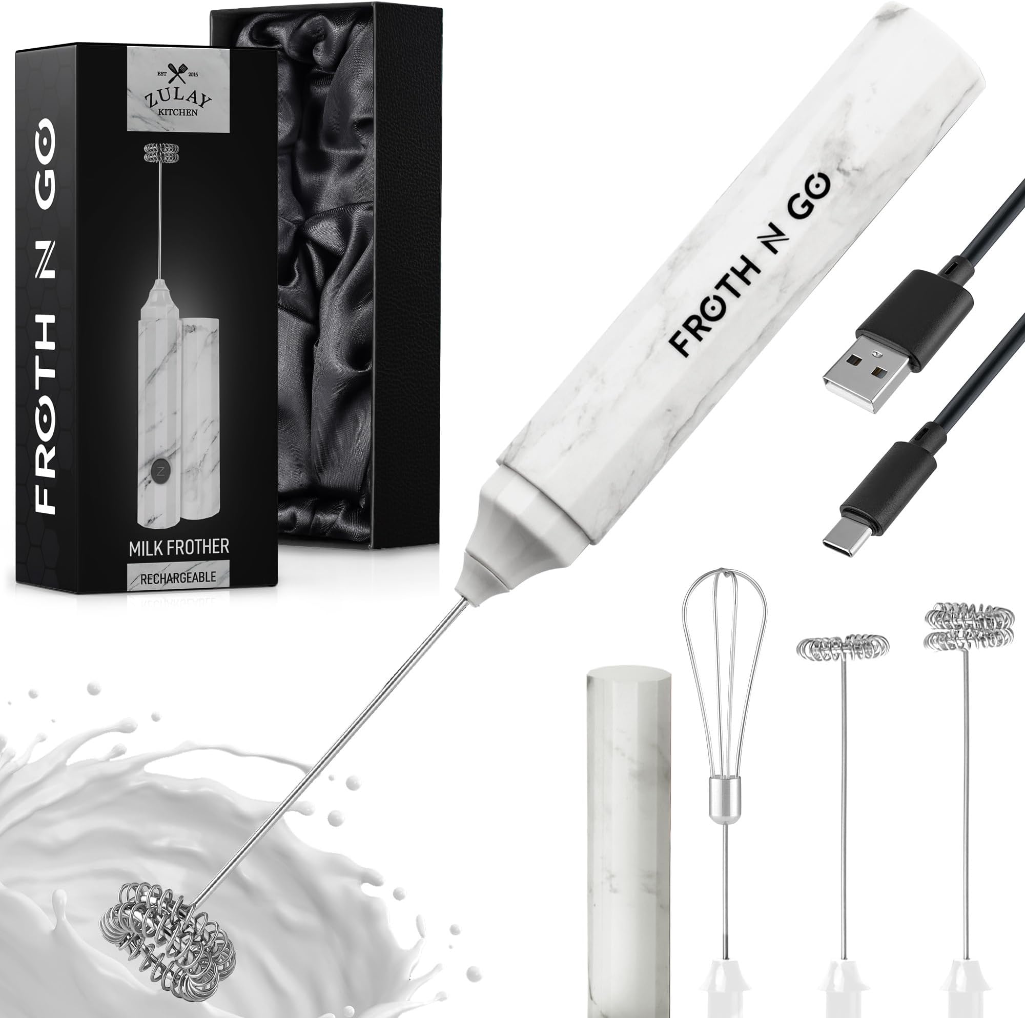 Zulay Froth N Go Milk Frother โ Rechargeable 3-in-1 Handheld Frother Wand with Travel Case & USB-C Charger โ Single, Double & Egg Whisk for Latte, Cappuccino, Matcha, Protein Shakes - Frosted Marble
