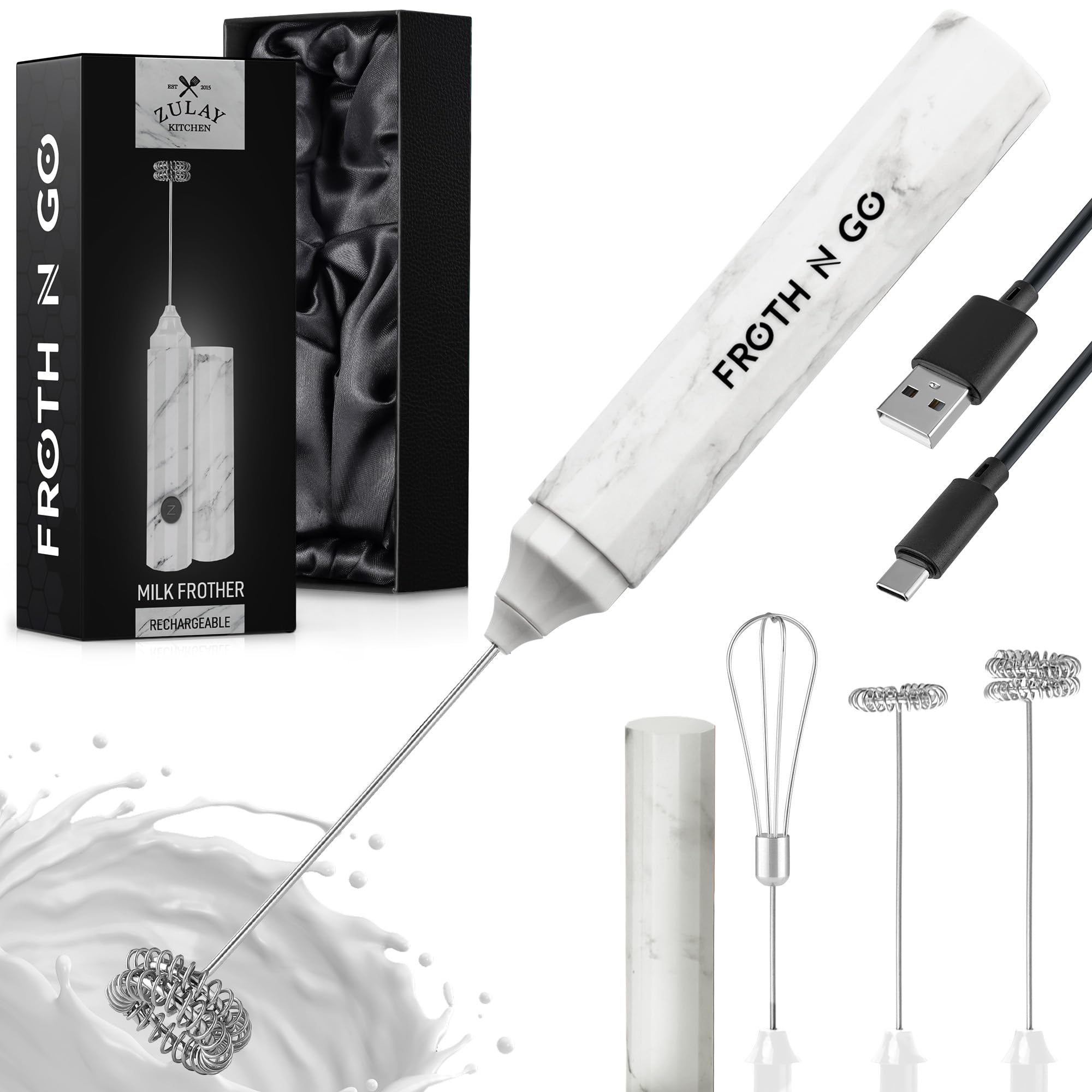 Zulay Froth N Go Milk Frother – Rechargeable 3-in-1 Handheld Frother Wand with Travel Case &amp; USB-C Charger – Single, Double &amp; Egg Whisk for Latte, Cappuccino, Matcha, Protein Shakes - Frosted Marble