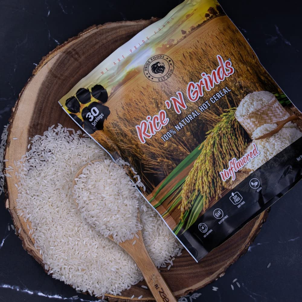 Pride Foods Rice 'N Grinds Hot Cereal - Gluten-Free, Non-GMO, Vegan-Friendly, Natural Rice Breakfast, Quick & Easy Hot Meal, Low-Fat Comfort Food, 30 Servings, Unflavored