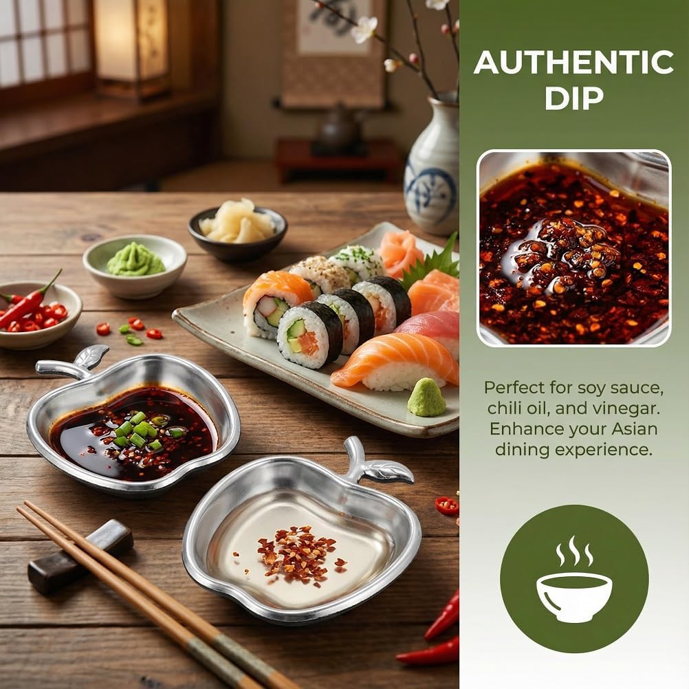 BESPORTBLE Stainless Steel Shaped Sauce Dishes 2-Pack Small Plates for Dipping Condiments Soy Vinegar Seasoning Bowls 3.93X3.54X0.39In