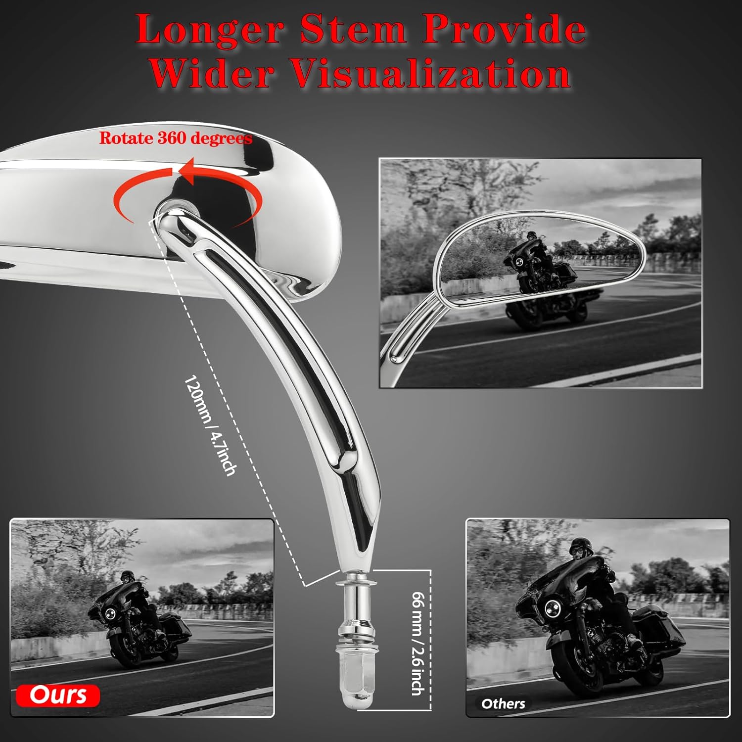 Motorcycle Rearview Mirror 360 Degree Adjustment Teardrop Motorcycle Rearview mirrors Fit For Road King Street Electra Glide Dyna Sportster Softail Road Glide（Chrome）
