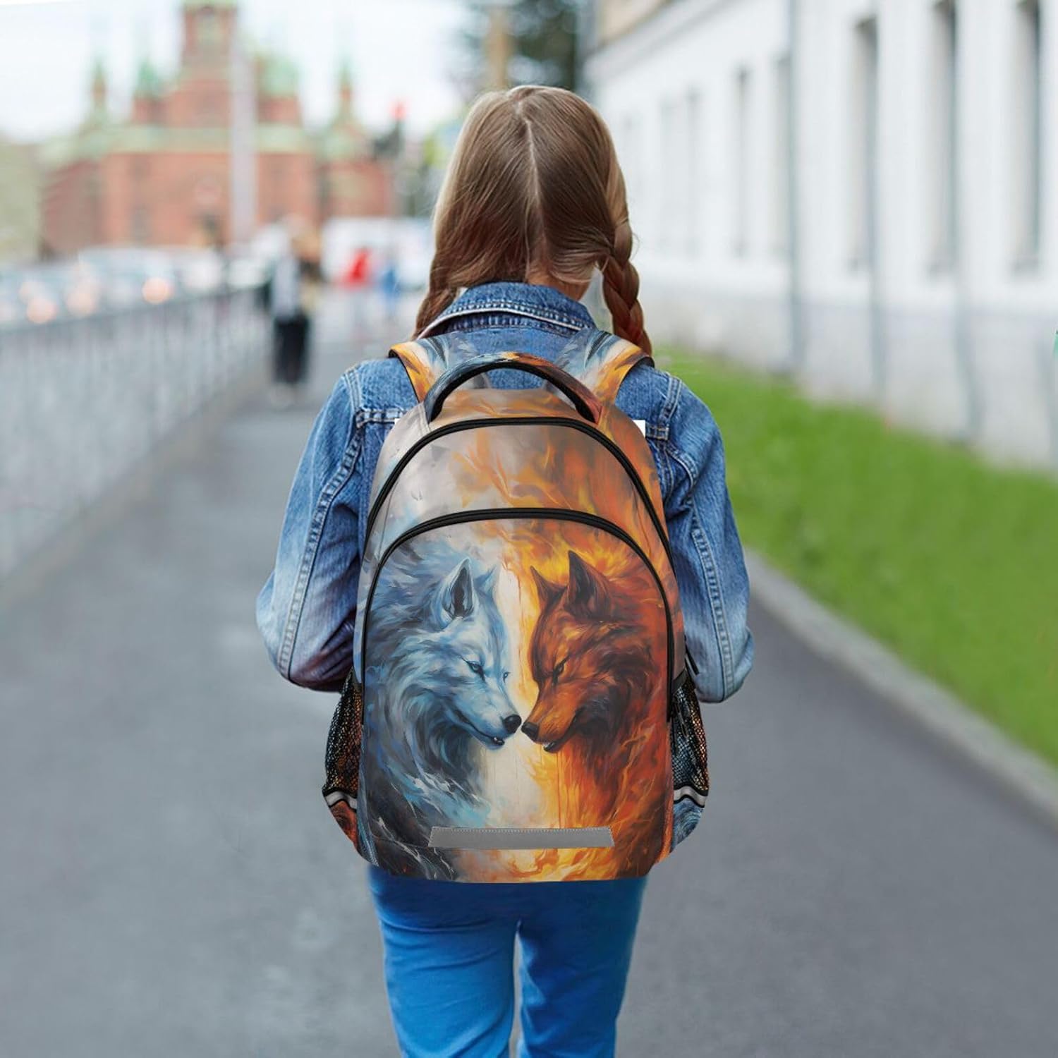 ALAZA Fire Ice Wolf School Backpack for Kids Laptop Bookbag with Reflective Strip 17in - Image 6