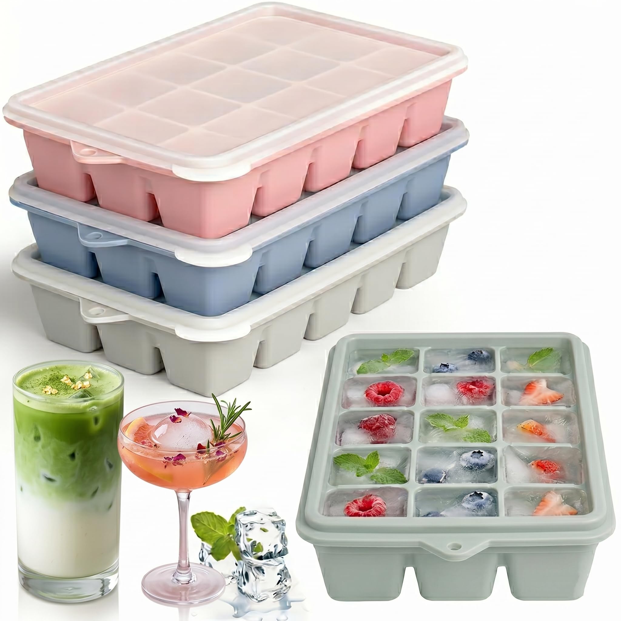 Silicone Ice Cube Trays with Lid, 3 Pack 15 Square Ice Cube Moulds for Freezer, BPA Free Flexible Silicone Ice Tray for Whiskey, Cold Drinks, Drinks, Souper, G&T, Cocktails
