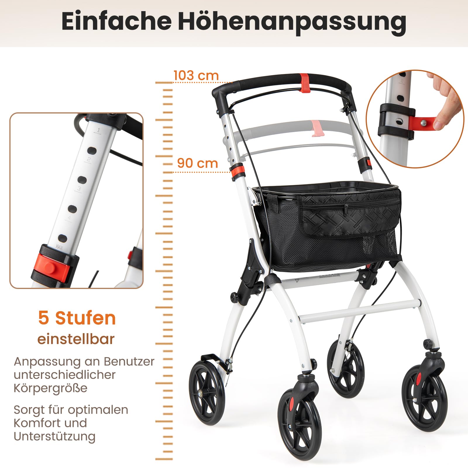 COSTWAY Rollator Schmal für Wohnung, Indoor Wohnungsrollator, faltbar und leicht, inkl. Tablett, Korb, 4 Rädern & Bremsen, 5-Fach höhenverstellbar, Gehhilfe für Senioren Verletzte, Weiß und Schwarz