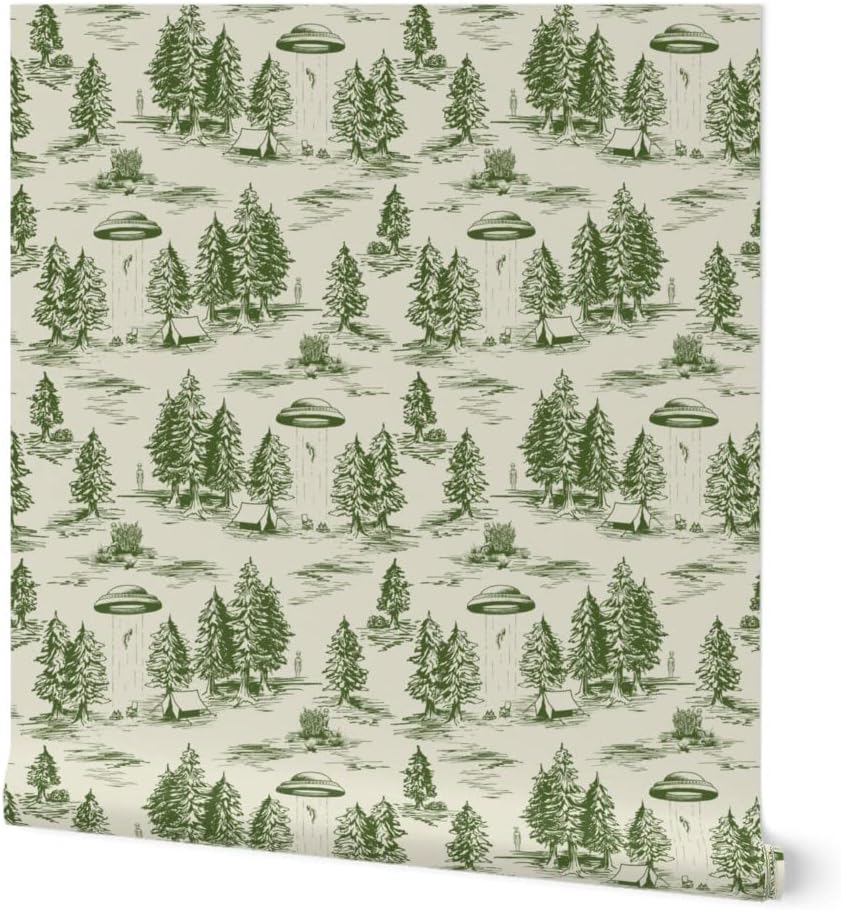 Spoonflower Peel & Stick Wallpaper 3ft x 2ft - Small Scale Green Toile De Pattern Whimsical Funny Custom Removable Wallpaper