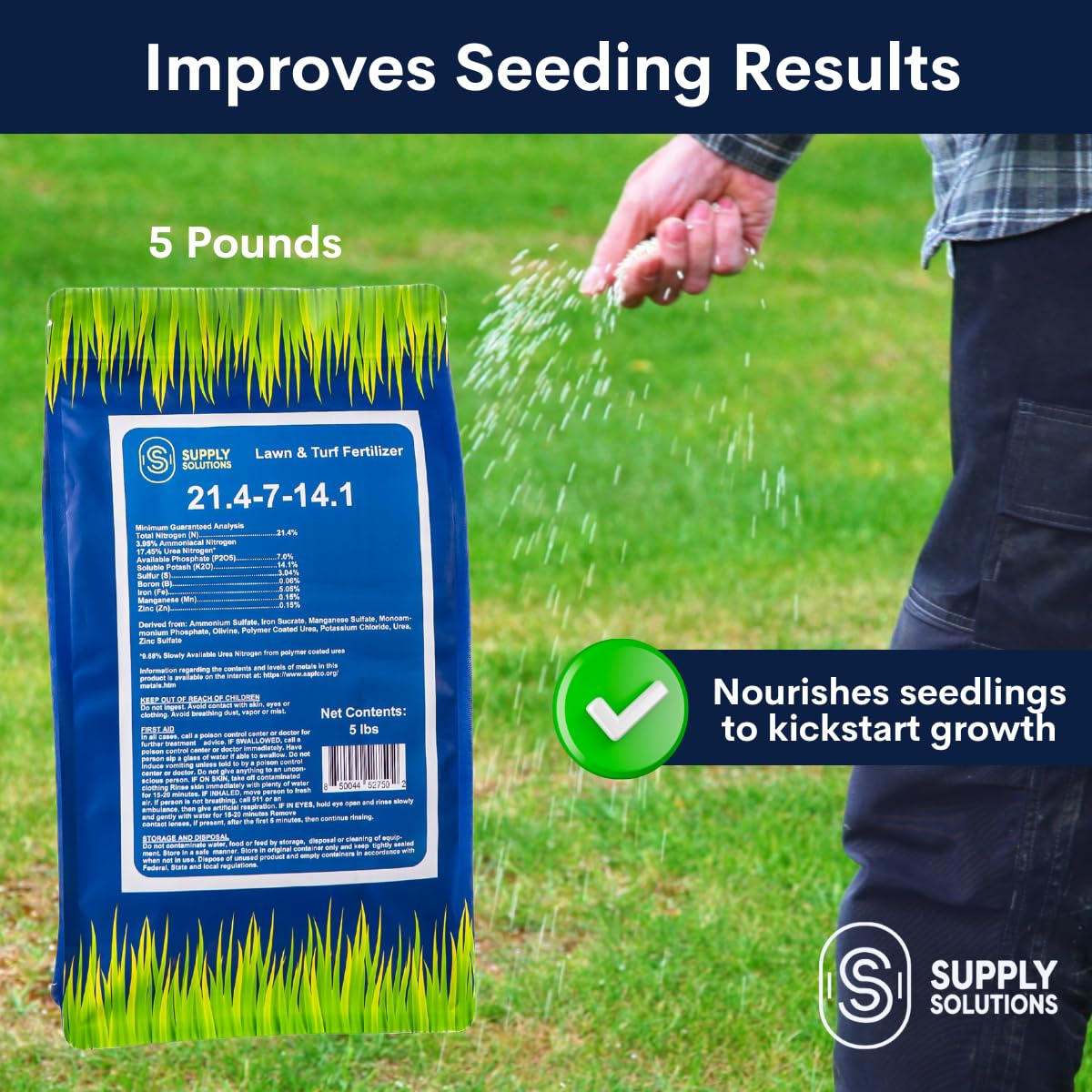 Supply Solutions 21.4-7-14.1 Lawn and Turf Fertilizer with Iron - Achieves a Lush Green Lawn in Weeks - Turf Builder for All Grass Types - for Greener Grass Fertilizer (5lbs)