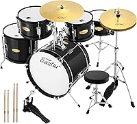 Eastar EDS-350 16-Inch 5-Piece Junior Drum Set for Kids 9-12 Beginners - Adjustable Throne, Cymbals, Pedals, Drumsticks - Metallic Black