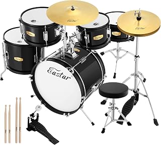 Eastar EDS-350 16-Inch 5-Piece Junior Drum Set for Kids 9-12 Beginners - Adjustable Throne, Cymbals, Pedals, Drumsticks - Metallic Black