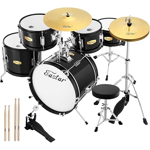 Drum Set Eastar 16 inch 5-Piece, Junior Drum Kit for Beginners Kids Teenagers with Adjustable Throne and Cymbal, Pedal & Drumsticks, Metallic Black (EDS-350MBK)