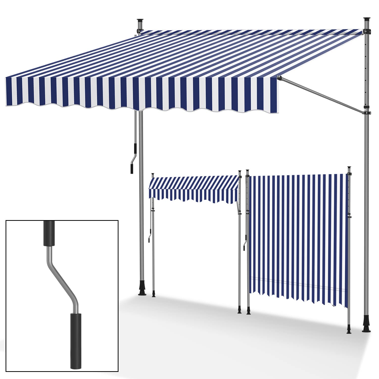 Balkon Markise ohne Bohren, 200 cm breit mit Handkurbel, höhenverstellbar, UV-beständig und wasserdicht, blau-weiß