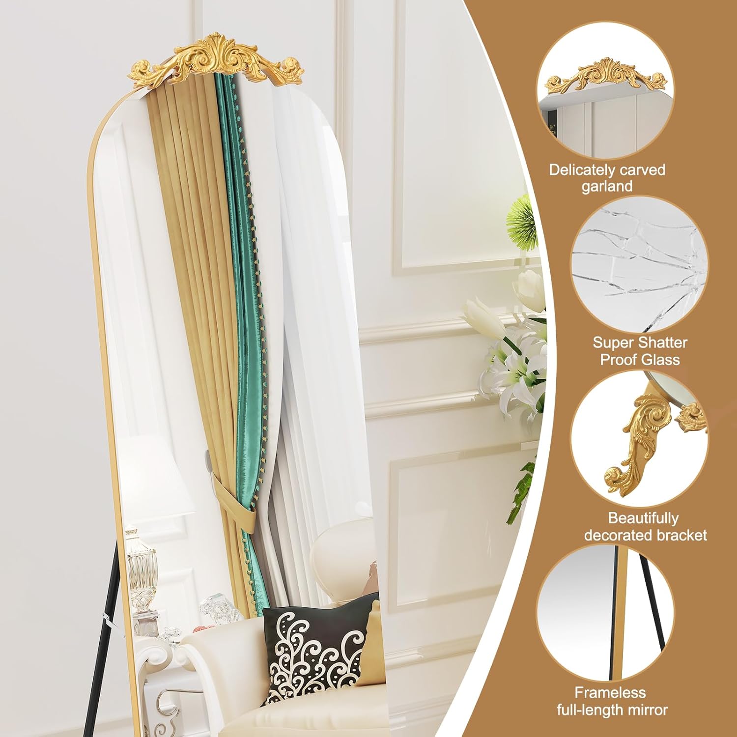 Gothic Vintage Elegant Frameless Carved Full Length Arched Mirror with Stand, 61.5" H x 20" W Large Wall Mirror, Gold Modern Decorative Floor Mirror for Wedding, Bedroom, Living Room, Entryway