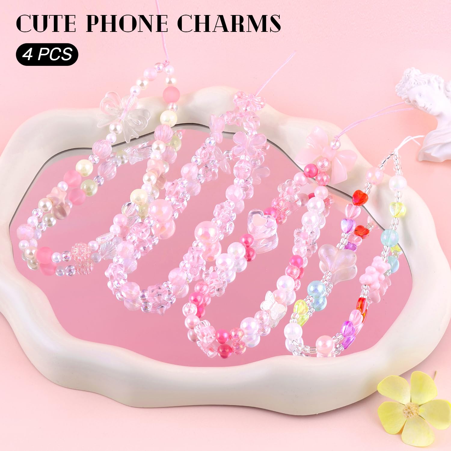 TINKRSTUFF 4 PCS Cute Phone Charms Aesthetic Y2K Cellphone Wrist Strap Bedazzling Bear Bow Butterfly Heart Star Flower Accessories Pink Beaded Anti-Theft Chain String for Bag Keychain Airpods Decor