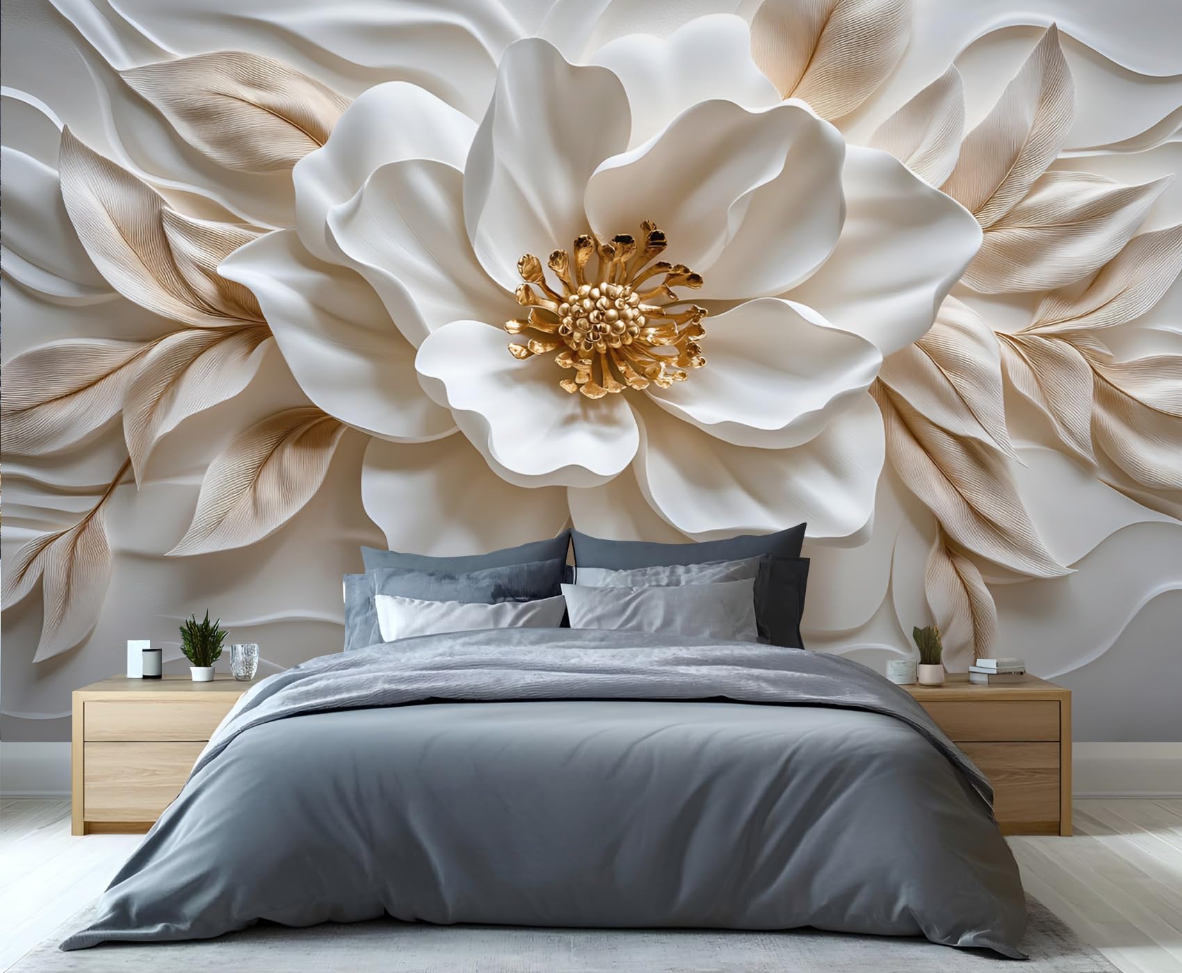GIVLWF Floral Wallpaper, 3D Relief Flowers Self Adhesive Wallpaper for Living Room, Abstract White Wall Paper for Bedroom, Luxury Wall Mural, Minimalism Large Mural & Room Decor