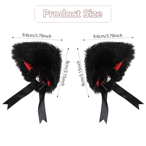 Miniatura 2 de EVERMARKET Pinza para el pelo de orejas de gato con campana, diadema de anime para cosplay, Negro-interior rojo