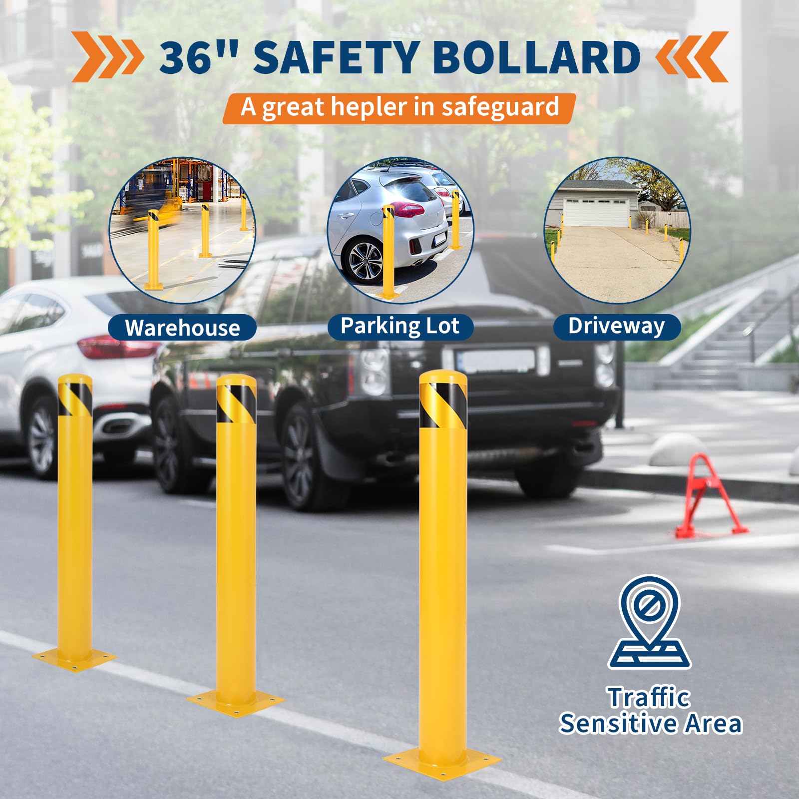 Juego de 2 Bolardos de Seguridad de Acero Q235 91 cm x 11,4 cm, Poste Anticolisión para Protección de Aceras, Carreteras y Parking, Incluye Pernos de Expansión y Herramienta