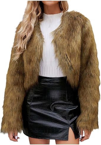 ZHOUYF Winter Cropped Jackets for Women Long Sleeve Cardigan Overcoat Fleece Furry Shaggy Outerwear Warm Faux Fur Thick Coats