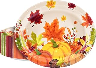 50 Pack Oversized Thanksgiving Oval Paper Plates – 12 Inch Disposable Pumpkin Fall Harvest Plates with Maple Leaf Design for Thanksgiving Dinner and Fall Parties