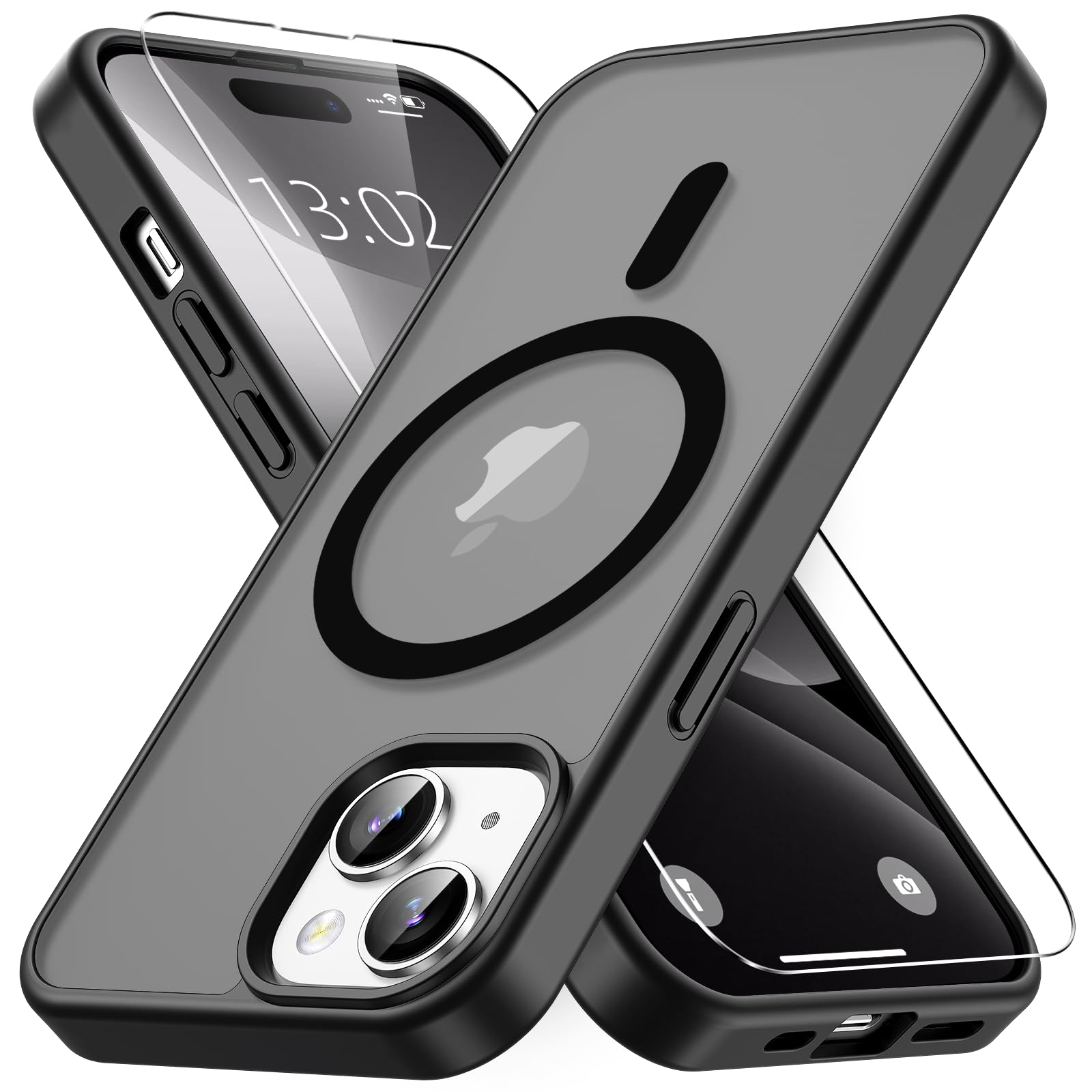 Vansdon Cover Magnetica per iPhone 15 con 1 Pezzi Vetro Temperato, Compatibile con Magsafe, Protezione anticaduta di livello militare, Custodia Traslucida Opaca Sottile Antiurto-Nero