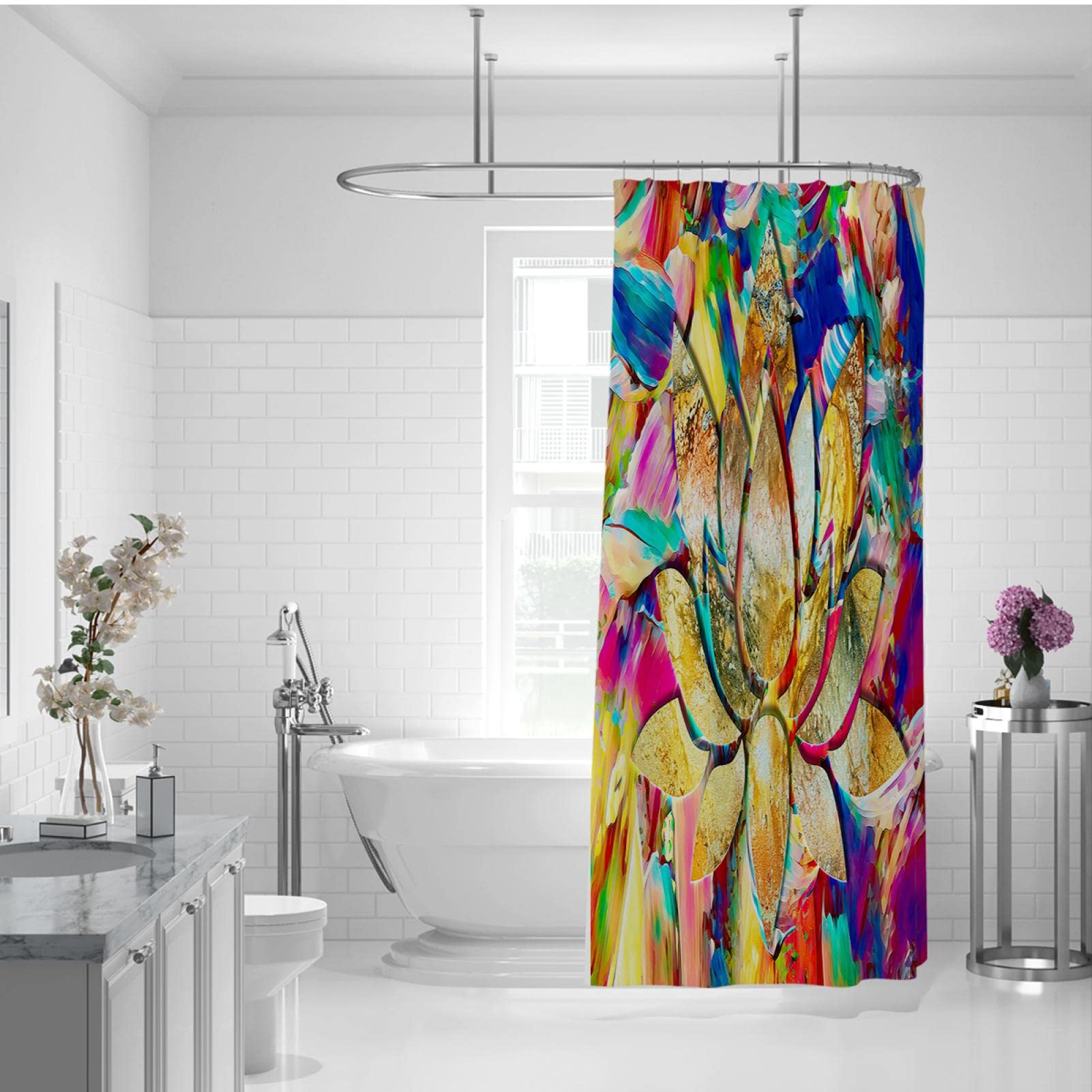 Lotus シャワーカーテン シュールな幾何学背景絵画プリント 布生地 バスルーム装飾セット フック付き 120Wx180Lcm  Amazon｜カラーロータスフラワーバスタブカーテン、 12 フック付き 装飾バスカーテン モダンなバスルームアクセサリー洗濯機で洗えるマルチカラー  ..., image size:1601x1600