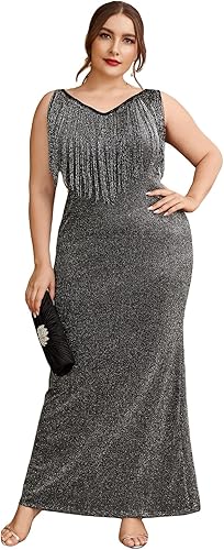 WDIRARA Vestido largo elegante para mujer, sin mangas, cuello barco, entallado, con flecos, talla grande