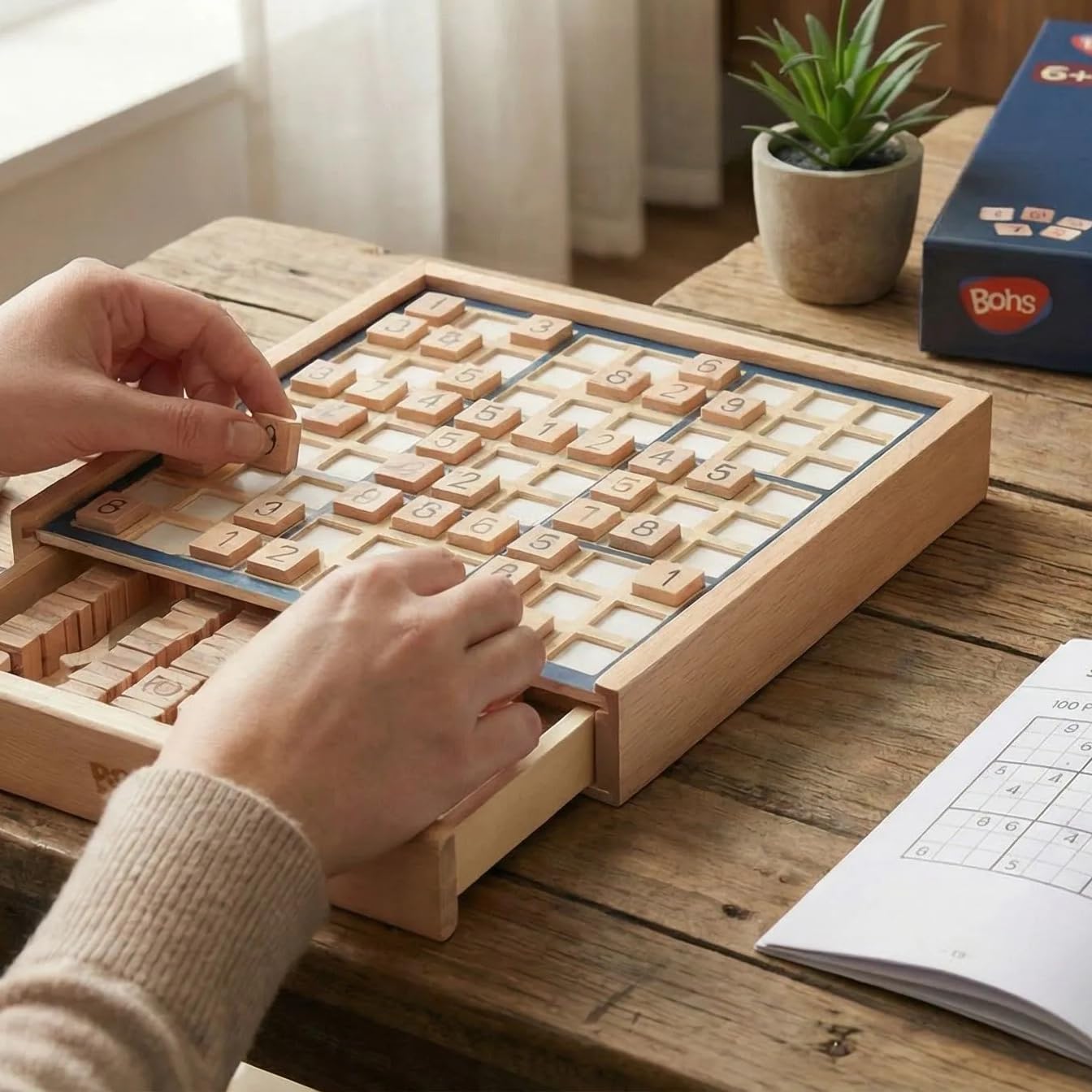 BOHS Gioco da Tavolo Sudoku in Legno con Cassetto per Adulti 100 Puzzle