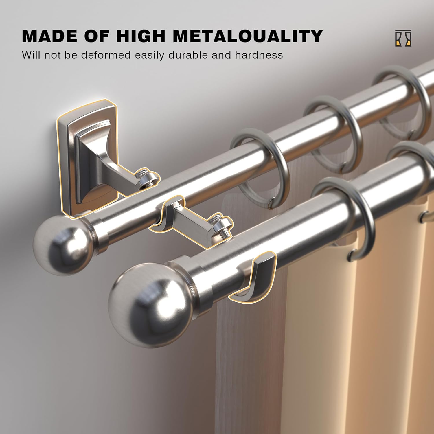 Set of 3, Hardware Curtain Rod Brackets for 3/4" or 1" Rods, Brushed Nickel Wall Curtain Rod Hooks, Adjustable Double Bracket Curtain Rod Holder