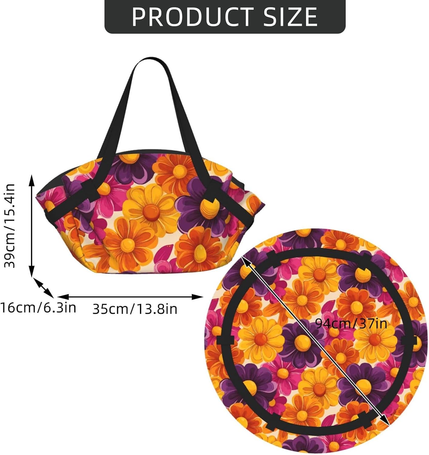 Groovy Daisy Flowers (6) Pattern Foldable Camping Tote Bag Picnic Blanket Bag Portable Beach Mat Tote Waterproof Outdoor Picnic Mat Carry Bag