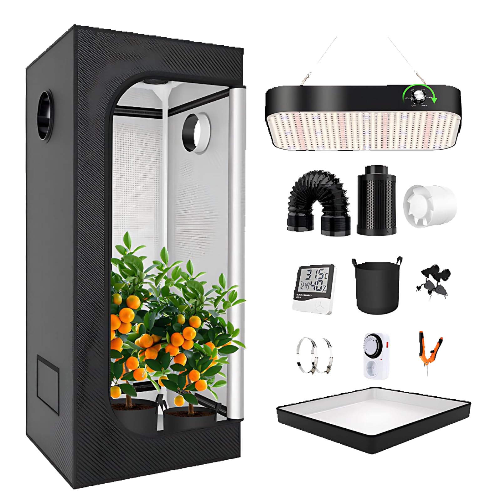 UPLTOE Complete Indoor Plant Growing System with 200W LED Light, 600D Tent, with Removable Tray, 2 × Hooks, 1 × Grow Bag, 1 × Mechanical Timer and Thermometer & Hygrometer