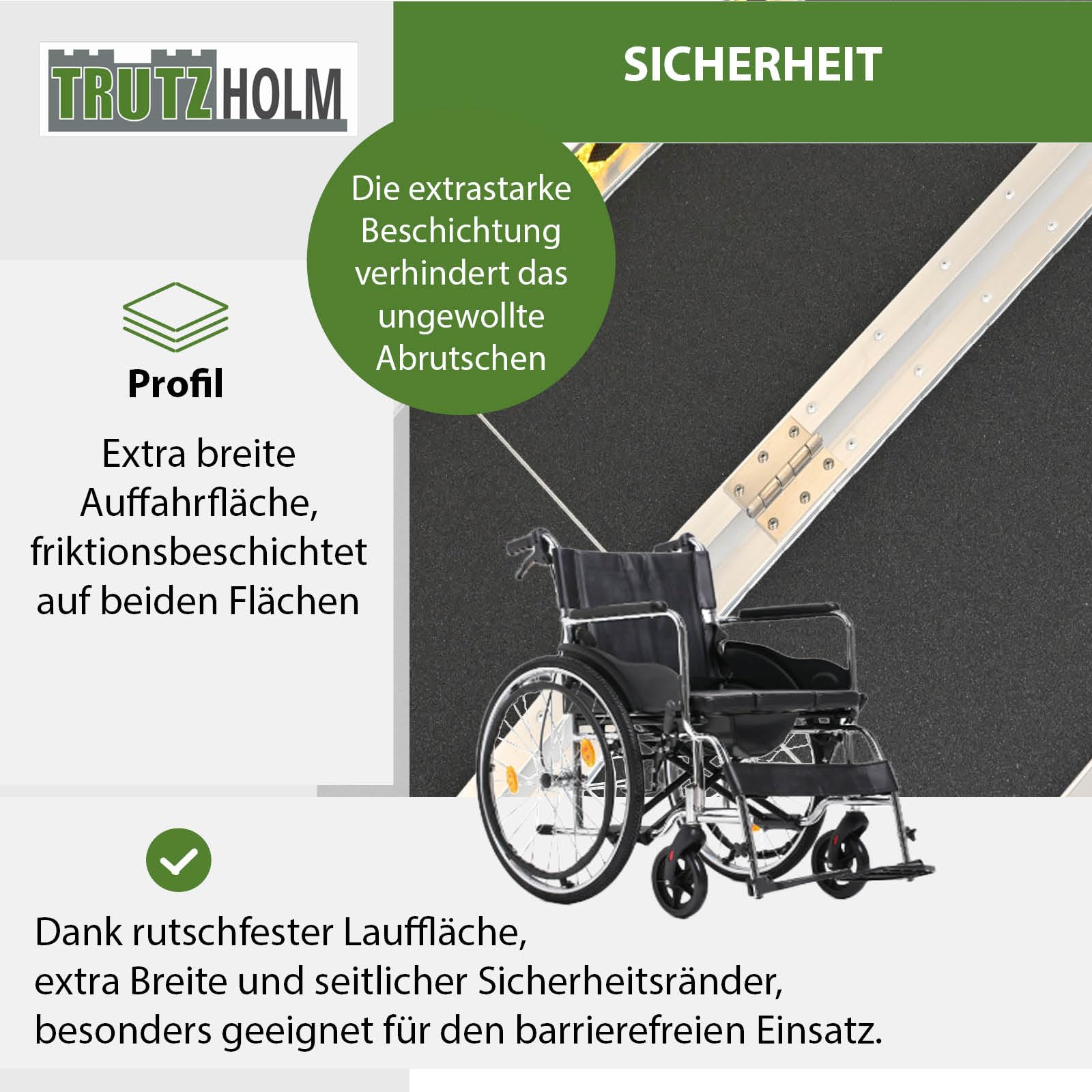 TRUTZHOLM Rollstuhlrampe Auffahrrampe 2-Fach klappbar 213 cm Traglast 272 kg Alu grau schwarz beschichtet