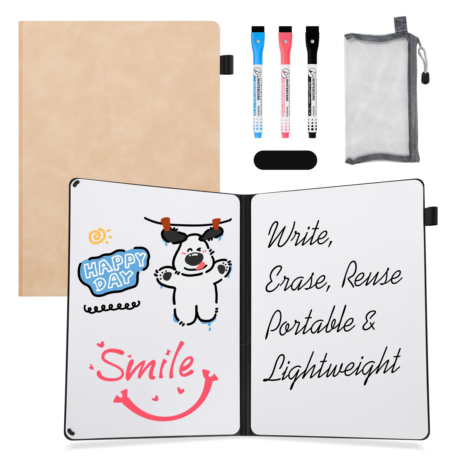 AGM Dry Erase Mini Whiteboard A4, 30 x 21.5cm Double-Sided Desk White Board with 3 Colored Pens, 1 Eraser, 1 Mesh Bag, Portable Writing Board for Studying, Meetings, Note-Taking, and Doodling-Pink