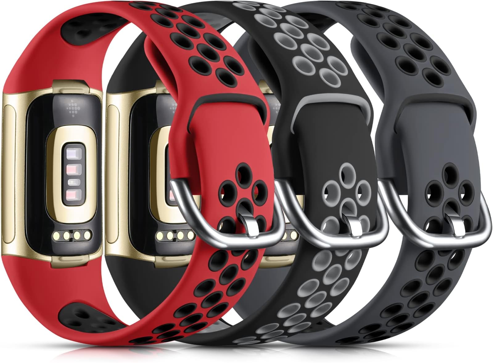 Maledan Compatible with Fitbit Charge 5 Bands/Fitbit Charge 6 Bands for Men Women, Sport Band Silicone Wrist Strap for Charge 6 and Charge 5 Watch Accessories, Coal Black/Black Gray/Red Black, Large