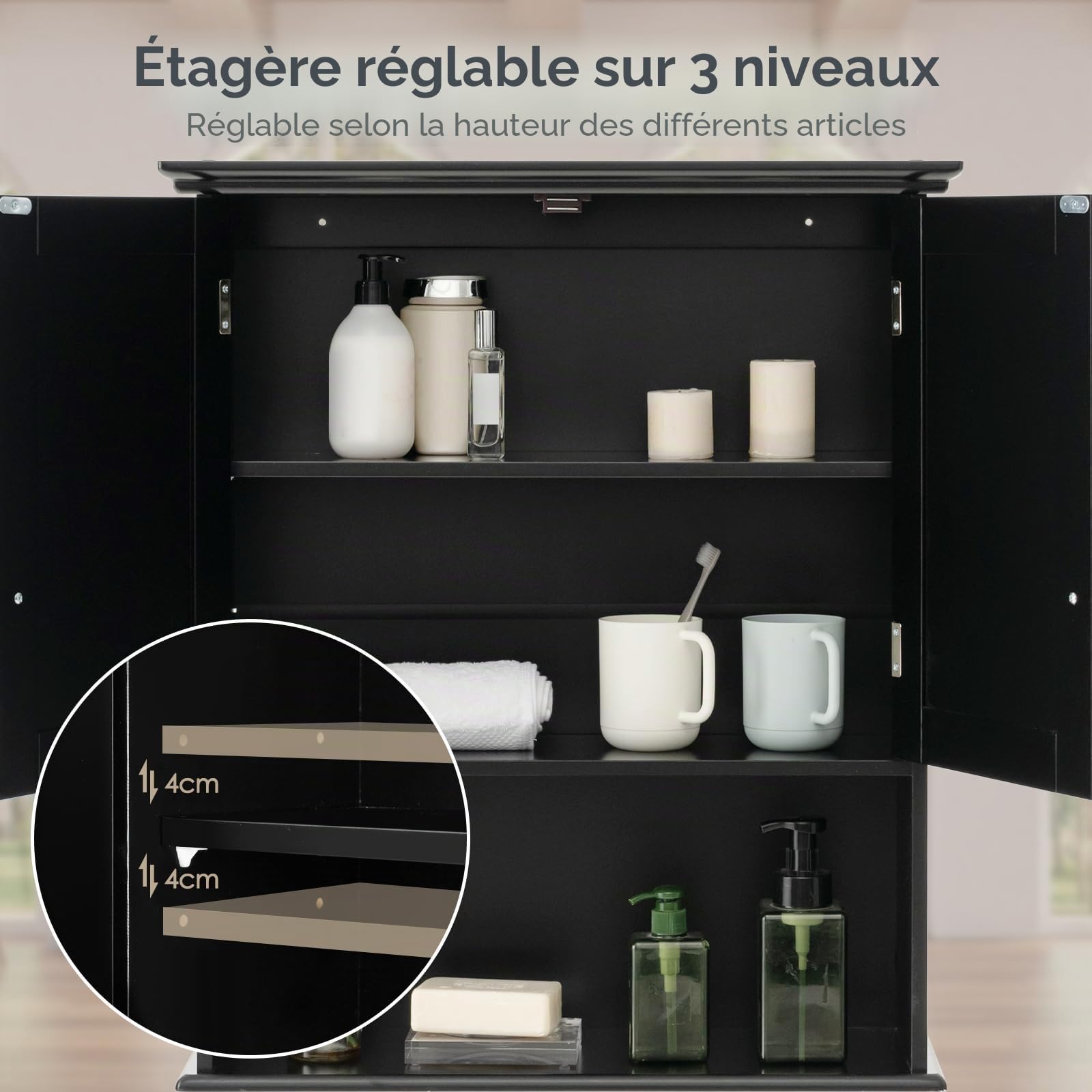 GIANTEX Armoire Salle de Bain Suspendue en Bois, Armoire Murale avec 2 Porte, Étagère Réglable, Compartiment Ouvert, Placard Murale pour Toilette, Cuisine, Entrée, 60 x 20 x 71 CM (Noire)