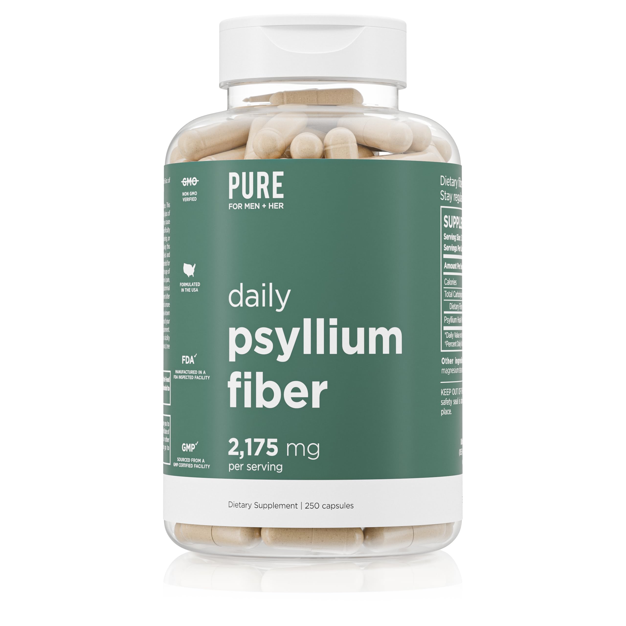 Pure for Men Daily Psyllium Husk Fiber Supplement Pure for Her | Digestive Regularity & Gut Health Support | Soluble Fiber Powder, 2,175mg Per Serving | 250 Capsules