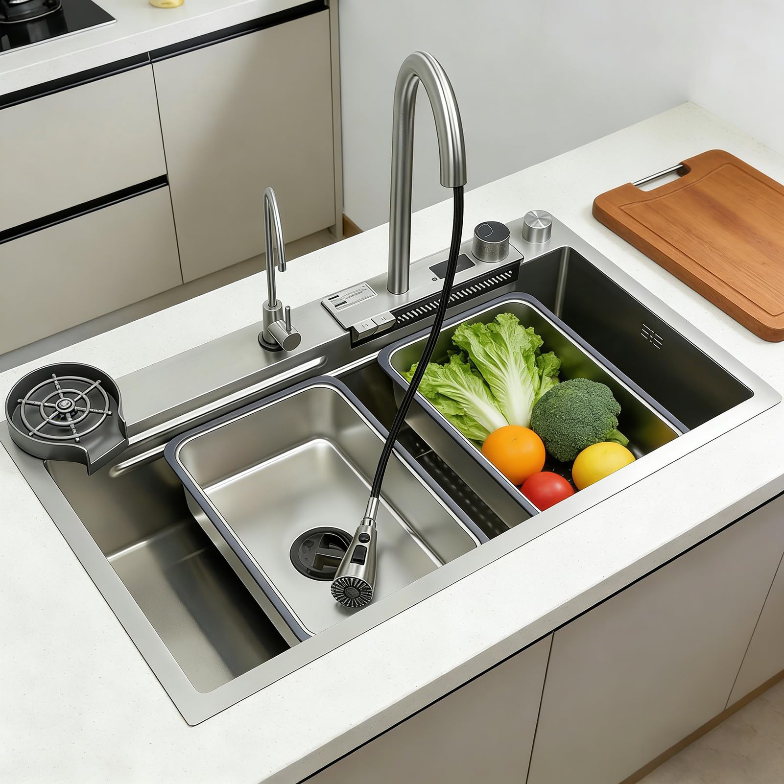 Fregadero de cocina con cascada, 85 x 50 cm, acero inoxidable cepillado 304, fregadero de cocina con pantalla digital, lavabo grande con cesta de drenaje, tabla de cortar, sifón, componente de desagüe