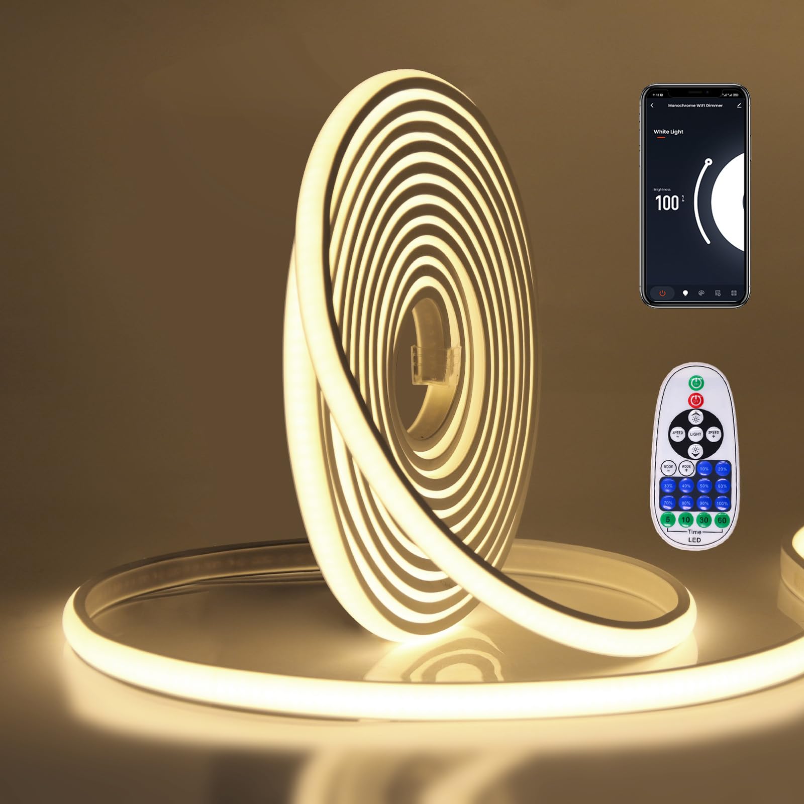XUNATA WiFi Regulable Tiras de Neón COB de Silicona Flex con Controlador 750W, LED Luz IP65, Compatible con Alexa y Google (8m, Blanco Natural)